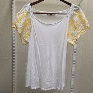 LOFT White Scoop Neck Top with Yellow Eyelet Flutter Sleeves